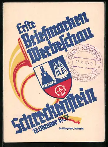 AK Schreckenstein, Erste Briefmarken Werbeschau 1937, Wappen