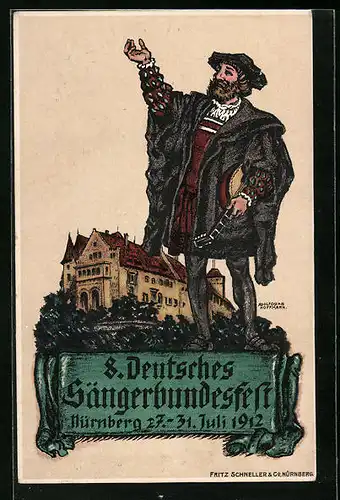 Künstler-AK Nürnberg, 8. Deutsches Sängerbundesfest 1912, Sänger mit Laute