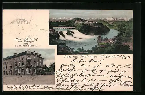 AK Neuhausen, Hotel Zürcherhof, Ortsansicht mit Rheinfall