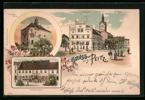 Lithographie Peitz, Gasthaus Zum deutschen Haus, Rathaus, Festungsturm