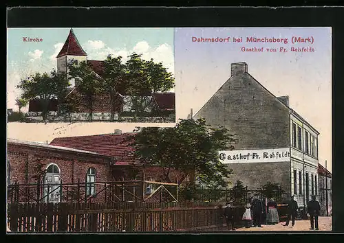 AK Dahmsdorf / Müncheberg, Gasthaus Rehfeldt und Kirche