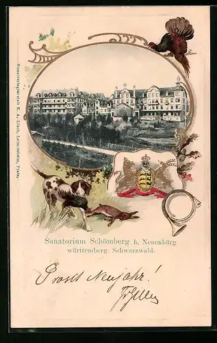 Passepartout-Lithographie Schömberg b. Neuenbürg /Württemberg. Schwarzwald, Sanatorium Schömberg, Wappen