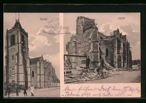 AK Lassigny, Kirche vor und nach Zerstörung