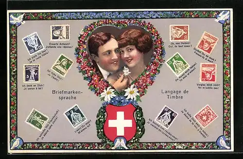 AK Briefmarkensprache, Schweizer Wappen, Paar in sinnlichem Moment