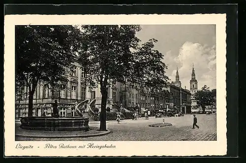 AK Liegnitz, Altes Rathaus mit Heringsbuden und Brunnen