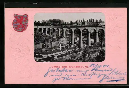 Passepartout-AK Luxemburg, Teilansicht mit Viadukt, Stadtwappen