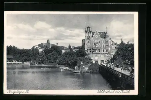 AK Königsberg i. Pr., Schlossteich mit Brücke