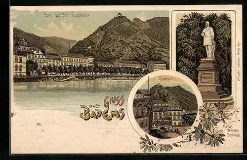 Lithographie Bad Ems, Curhaus, Kaiser Wilhelm Denkmal, Totalansicht von der Curbrücke