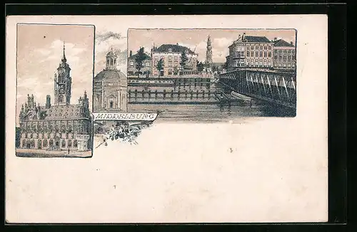 Lithographie Middelburg, Kirche, Ortsansicht