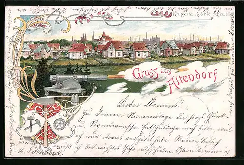 Lithographie Altendorf, Totalansicht, Schiessende Kanone, Wappen