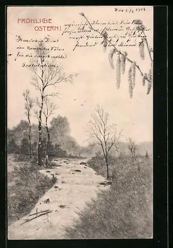 Künstler-AK M. Munk Nr. 183: Ostergrüsse, Bachlauf mit Birken