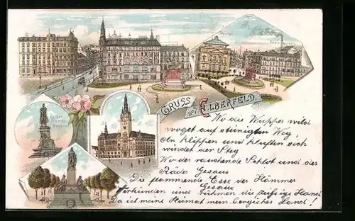 Lithographie Elberfeld, Theater, Bade-Anstalt, Kaiser-Friedrich-Denkmal