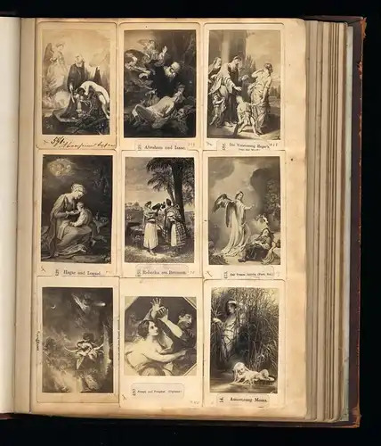 Fotoalbum mit 148 CDV Fotografien, Religion, künstlerisch dargestellte Bibelszenen, Jesus Christus, Moses, Madonna