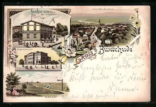 Lithographie Buxtehude, Hapen-Hotel, Baugewerbeschule, Totalansicht