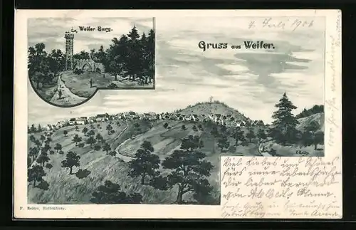Lithographie Weiler /Rottenburg, Ortsansicht, Weiler Burg