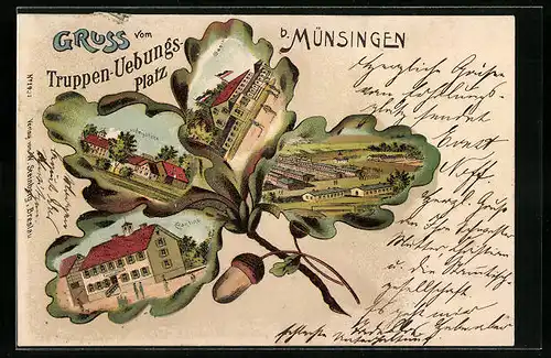 Passepartout-Lithographie Münsingen, Truppen-Uebungs-Platz, Ludwigshöhe, Casino u. Kantine im Eichenblatt