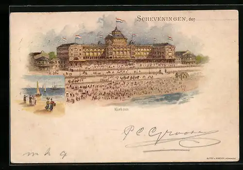 Lithographie Scheveningen, Kurhaus, Strandpartie mit Segelbooten