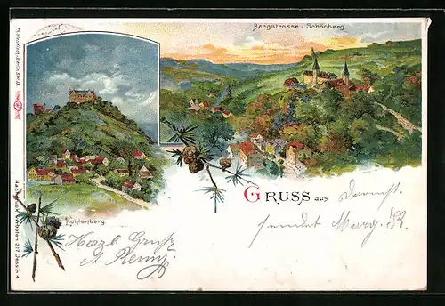 Lithographie Schönberg / Bergstrasse, Burg Lichtenberg, Ortsansicht bei Gewitterstimmung