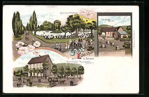 Lithographie Edenhall b. Aerzen, Bahnhofs-Restaurant Möller, Garten mit Weiher