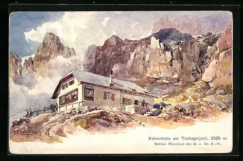 Künstler-AK Edward Theodore Compton: Kölner-Hütte, Rosengarten, Tschagerjoch