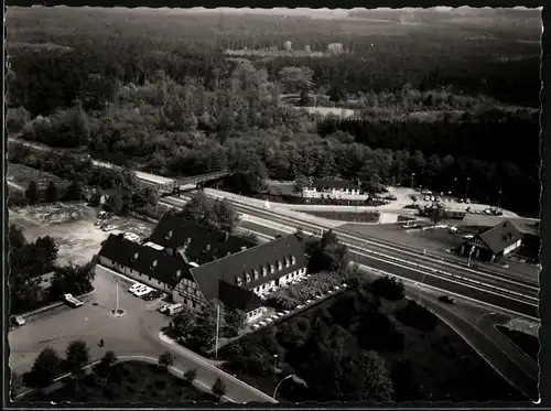 Fotografie Cramer, Dortmund, Ansicht Siegburg, Fliegeraufnahme der Autobahn-Raststätte