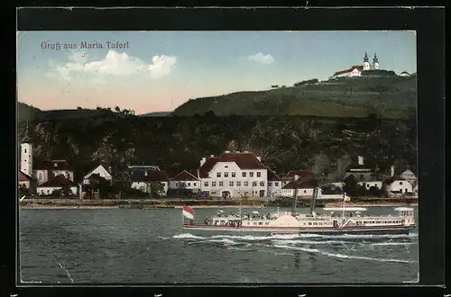 AK Maria -Taferl, Binnenschiff auf der Donau mit Blick zur Wallfahrtskirche