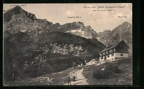 AK Adolf Zoeppritz-Haus, Berghütte am Kreuzeck mit Alpspitze, Zugspitze und Waxerstein