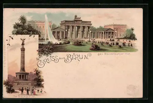 Lithographie Berlin, Brandenburger Tor mit Fontäne, Siegessäule