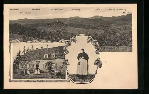 AK Kuchalb, Gasthaus, Frauenportrait, Gebirgspanorama