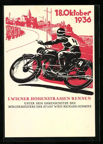 AK Wien, I. Hohenstrassen Rennen 1936, Motorradfahrer auf Rennstrecke