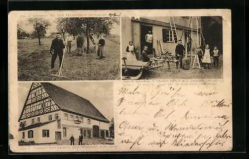 AK Ostdorf bei Balingen, Joh. M. Sämann vor seinem Geburtshaus 1913, bei der Feldarbeit u. in seinem Beruf als Wagner