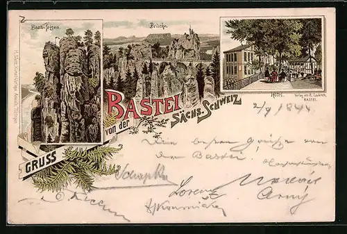 Lithographie Bastei, Hotel, Basteifelsen, Brücke