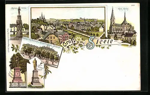 Lithographie Steele, Mariensäule, Kath. Kirche, Amtsgericht, Postamt und Kaiser Friedrich-Denkmal