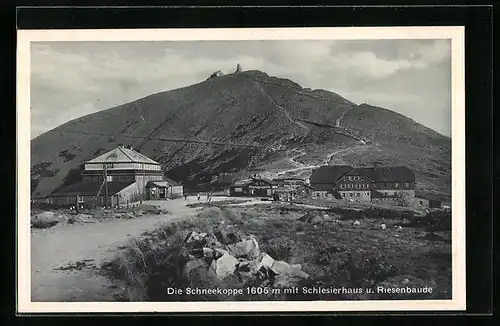 AK Schneekoppe mit Riesenbaude und Schlesierhaus