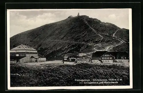 AK Riesengebirge, Schneekoppe, Riesenbaude und Schlesierhaus