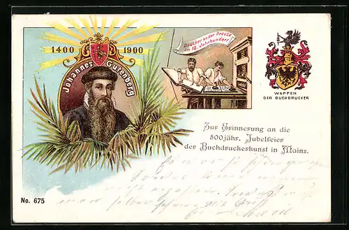 Lithographie Mainz, 500 jähr. Jubelfeier der Buchdruckerkunst 1900, Johannes Gutenberg
