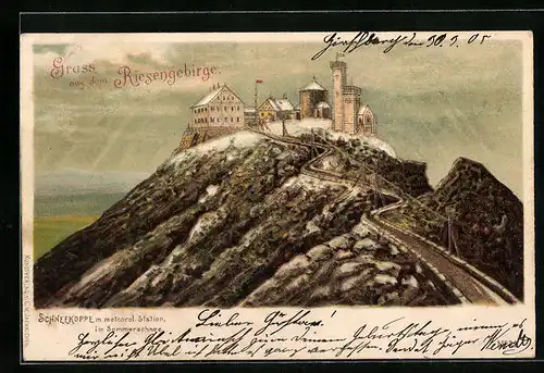 Lithographie Schneekoppenhäuser m. meteorol. Station im Sommerschnee