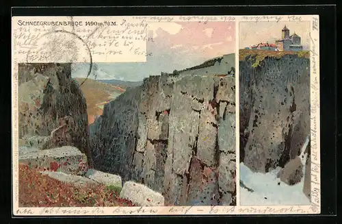 Lithographie Schneegruben-Baude und Bergpanorama