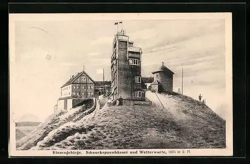 AK Schneekoppenhäuser, Wetterwarte und Kapelle, Bergsteiger beim Aufstieg