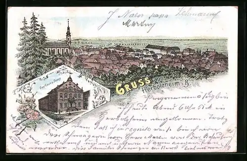 Lithographie Herbolzheim i. B., Gasthaus zur Sonne, Teilansicht