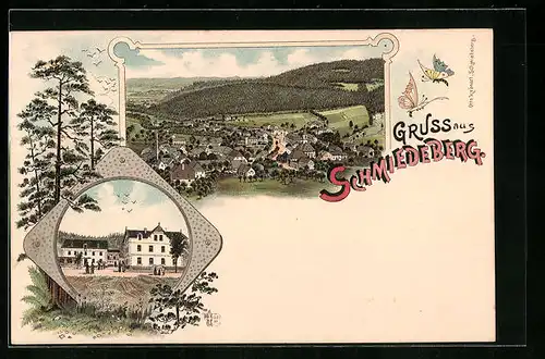 Lithographie Schmiedeberg /Erzgeb., Gesamtansicht aus der Vogelschau