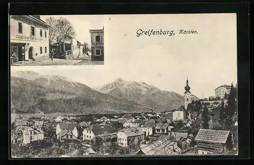 AK Greifenburg, Strassenpartie mit Geschäft, Panorama