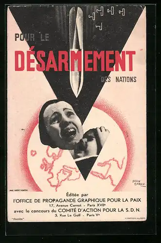 Künstler-AK sign. Jean Carlu: Pour le Désarmement des Nations, Friedensbewegung