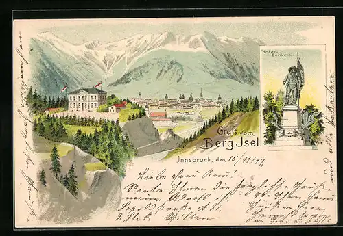 Lithographie Innsbruck, Ortsansicht gegen Berg Isel, Hofer-Denkmal