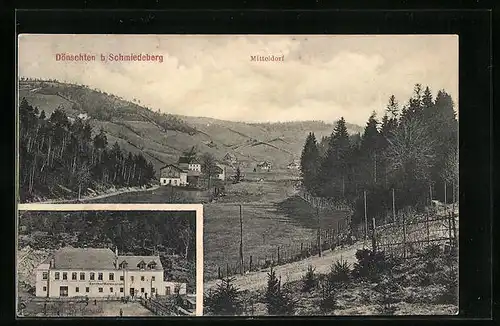 AK Dönschten /Schmiedeberg, Gasthof Waldesruh und Ortsansicht