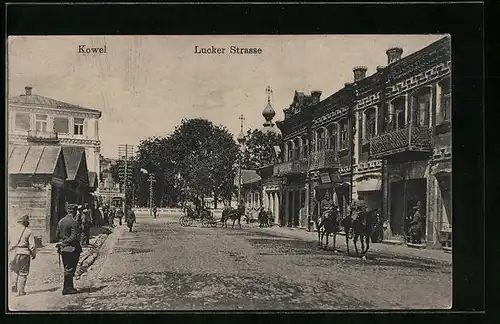 AK Kowel, Lucker Strasse, mit Soldaten