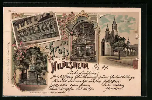Lithographie Hildesheim, Der Dom von innen und aussen und Bernward-Denkmal