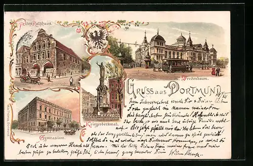 Lithographie Dortmund, Altes Rathaus, Kriegerdenkmal und Fredenbaum