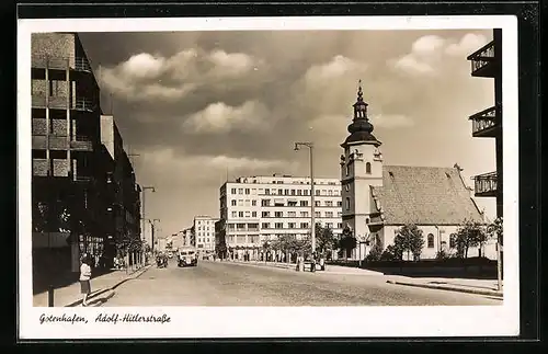 AK Gotenhafen, strasse mit Kirche