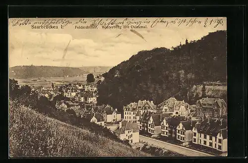 AK Saarbrücken, Feldmannstrasse mit Winterberg und Denkmal